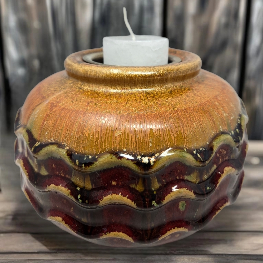 Ceramic Pottery Candle Holder Flower Vase Table Top Burner Earth Tones Ripples